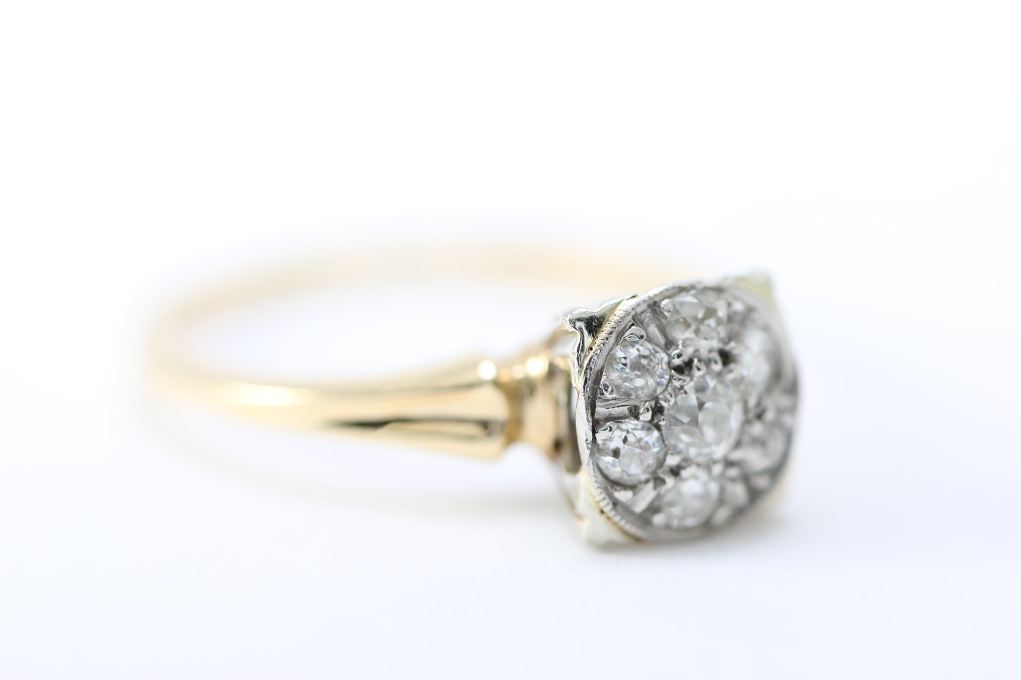 ANTIQUE CLUSTER ENGAGEMENT RING 14k WHITE & YELLOW GOLD EURO CUT DIAMOND RING ILLUSION SETTING 1930 's ART DECO