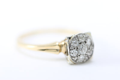 ANTIQUE CLUSTER ENGAGEMENT RING 14k WHITE & YELLOW GOLD EURO CUT DIAMOND RING ILLUSION SETTING 1930 's ART DECO