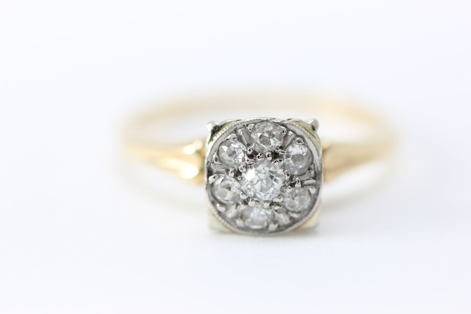 ANTIQUE CLUSTER ENGAGEMENT RING 14k WHITE & YELLOW GOLD EURO CUT DIAMOND RING ILLUSION SETTING 1930 's ART DECO