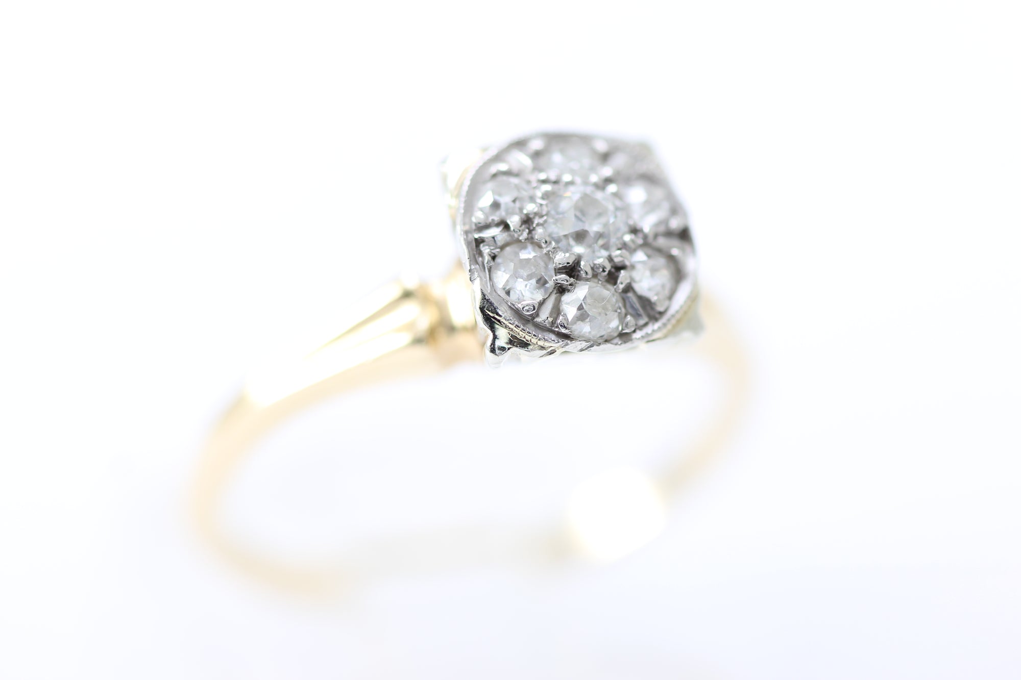 ANTIQUE CLUSTER ENGAGEMENT RING 14k WHITE & YELLOW GOLD EURO CUT DIAMOND RING ILLUSION SETTING 1930 's ART DECO