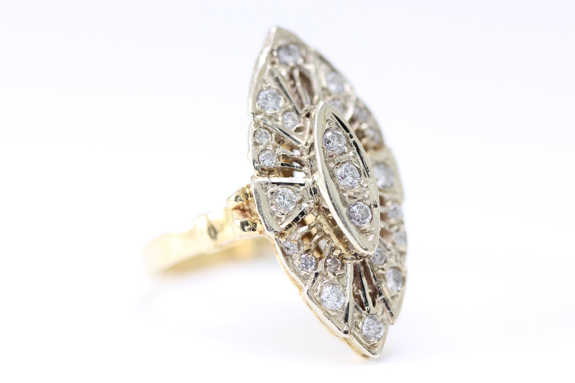 ANTIQUE DIAMOND COCKTAIL MARQUISE SHAPE RING 14k WHITE & YELLOW GOLD LADIES