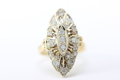 ANTIQUE DIAMOND COCKTAIL MARQUISE SHAPE RING 14k WHITE & YELLOW GOLD LADIES