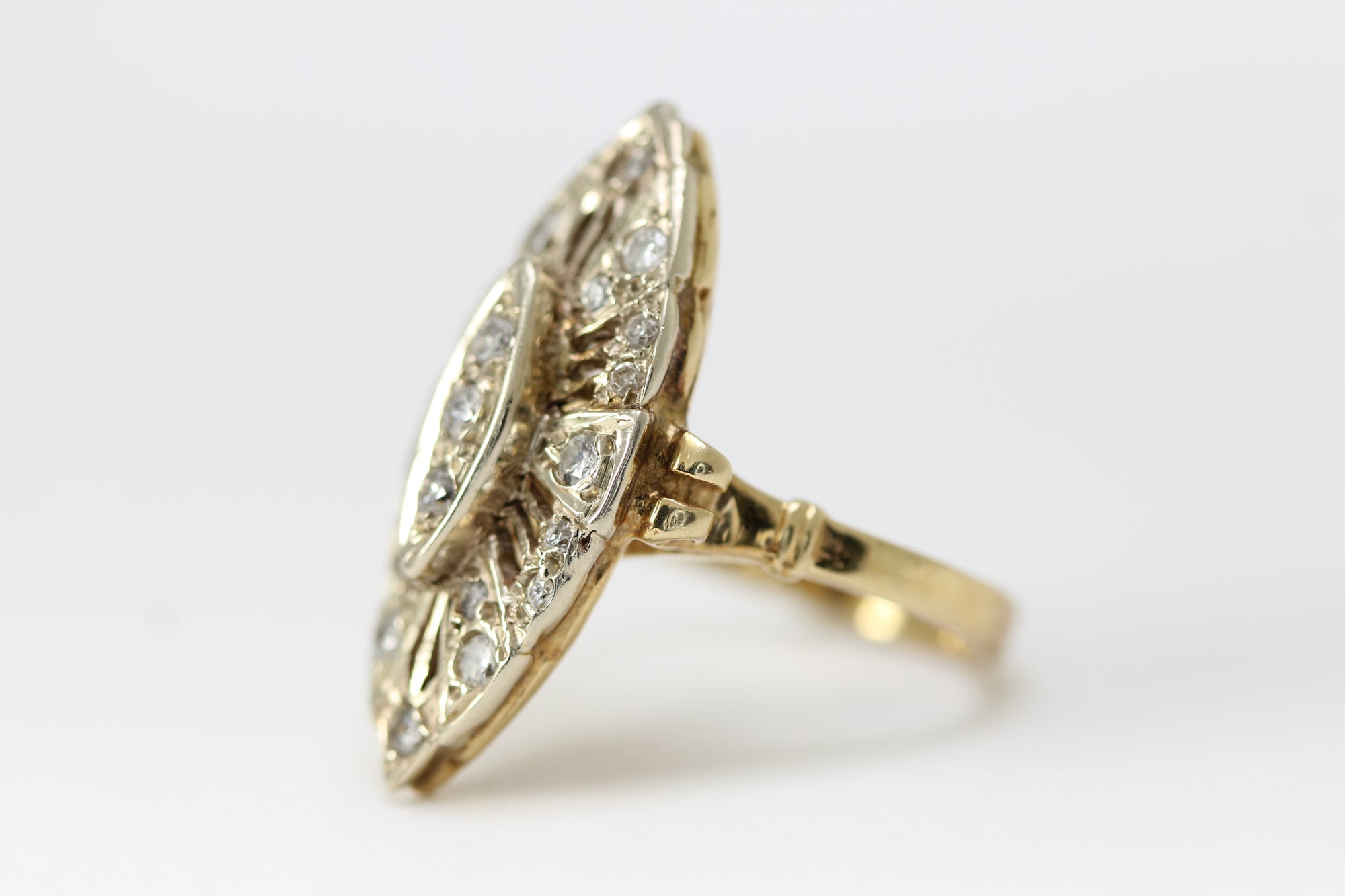 ANTIQUE DIAMOND COCKTAIL MARQUISE SHAPE RING 14k WHITE & YELLOW GOLD LADIES