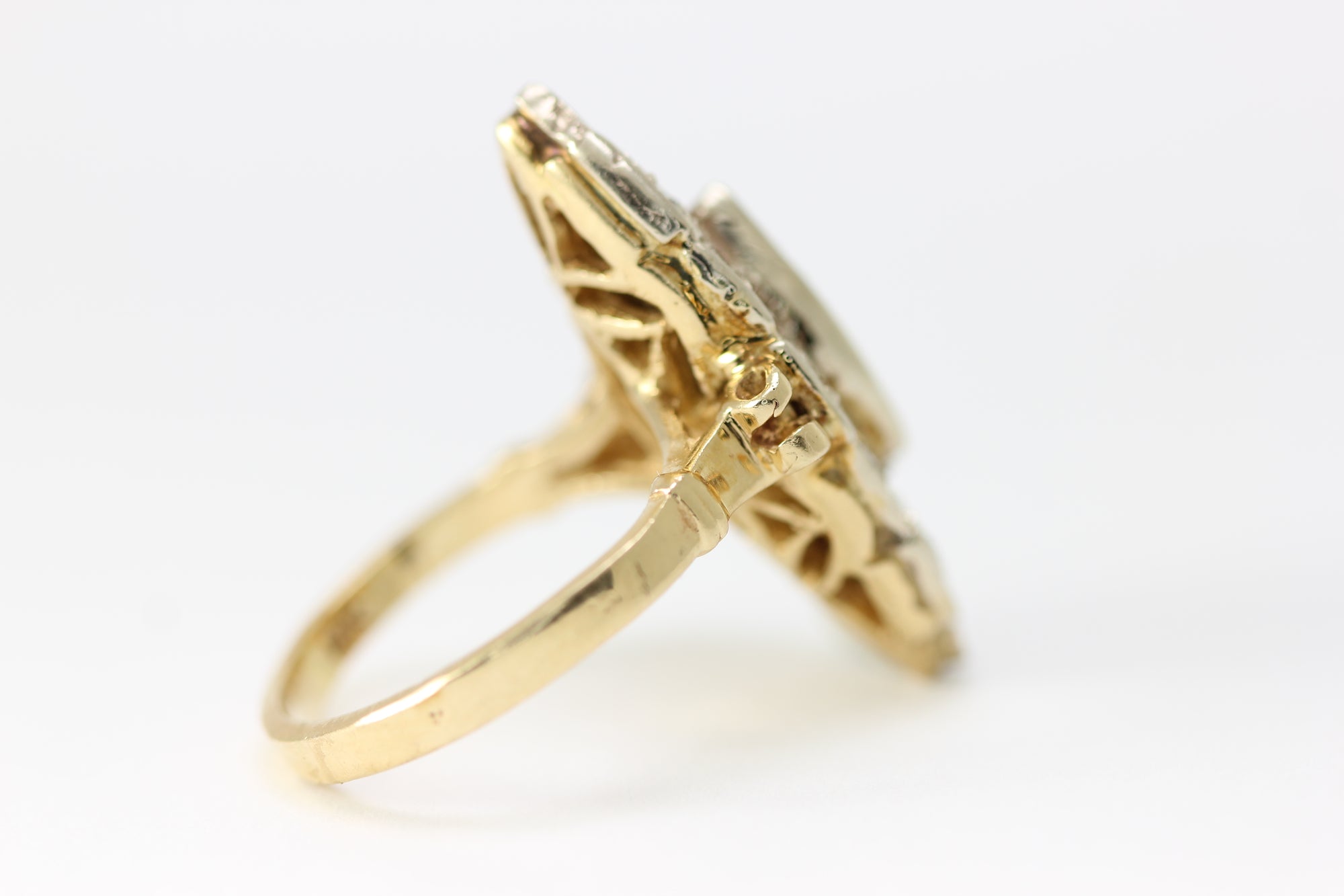 ANTIQUE DIAMOND COCKTAIL MARQUISE SHAPE RING 14k WHITE & YELLOW GOLD LADIES