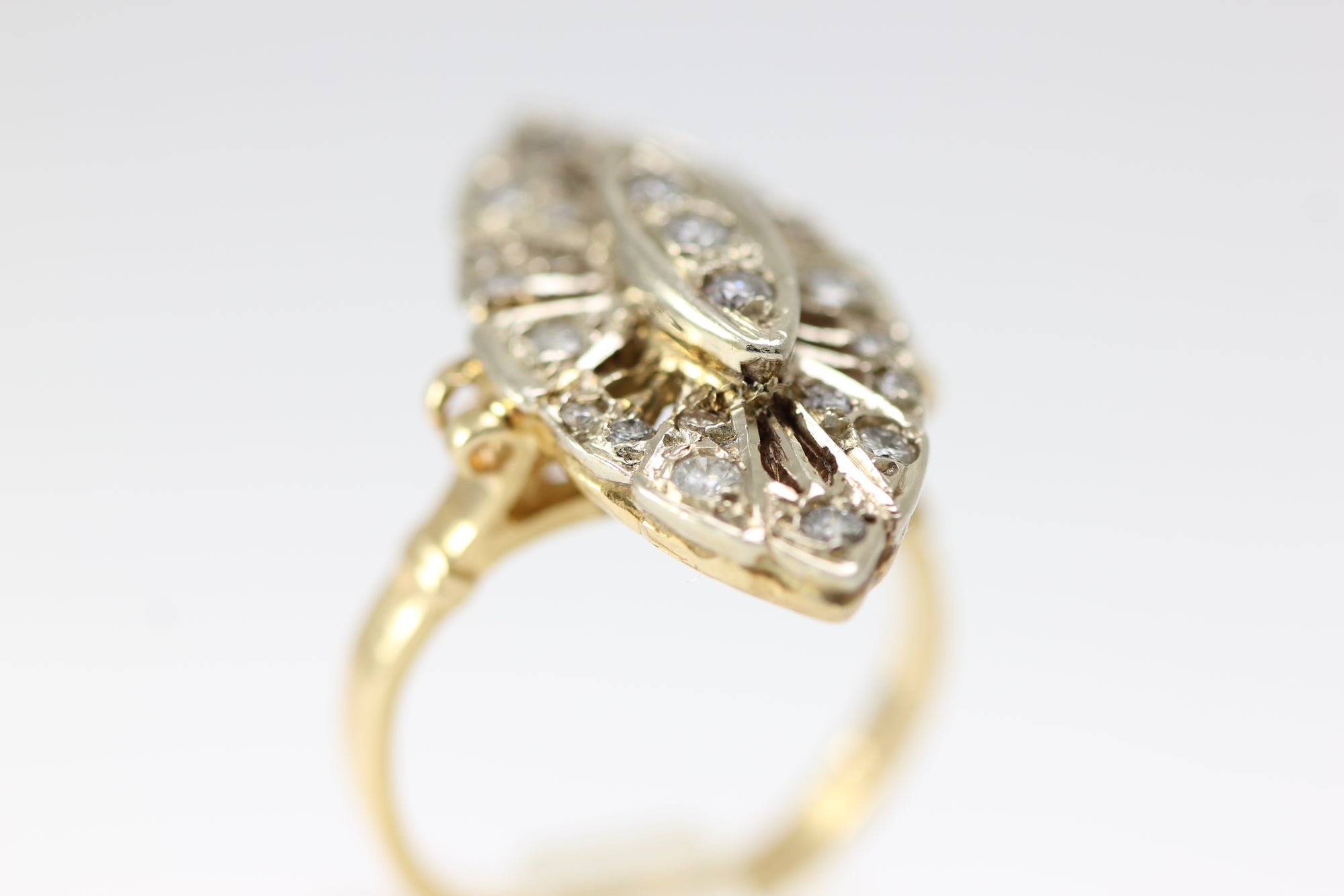 ANTIQUE DIAMOND COCKTAIL MARQUISE SHAPE RING 14k WHITE & YELLOW GOLD LADIES