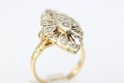 ANTIQUE DIAMOND COCKTAIL MARQUISE SHAPE RING 14k WHITE & YELLOW GOLD LADIES