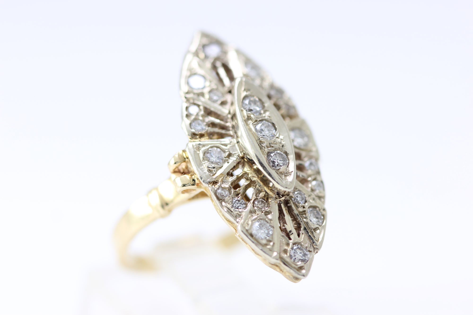 ANTIQUE DIAMOND COCKTAIL MARQUISE SHAPE RING 14k WHITE & YELLOW GOLD LADIES