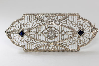 1920 ANTIQUE ART DECO 14k WHITE GOLD LADYS DIAMOND & SAPPHIRE PIN BROOCH