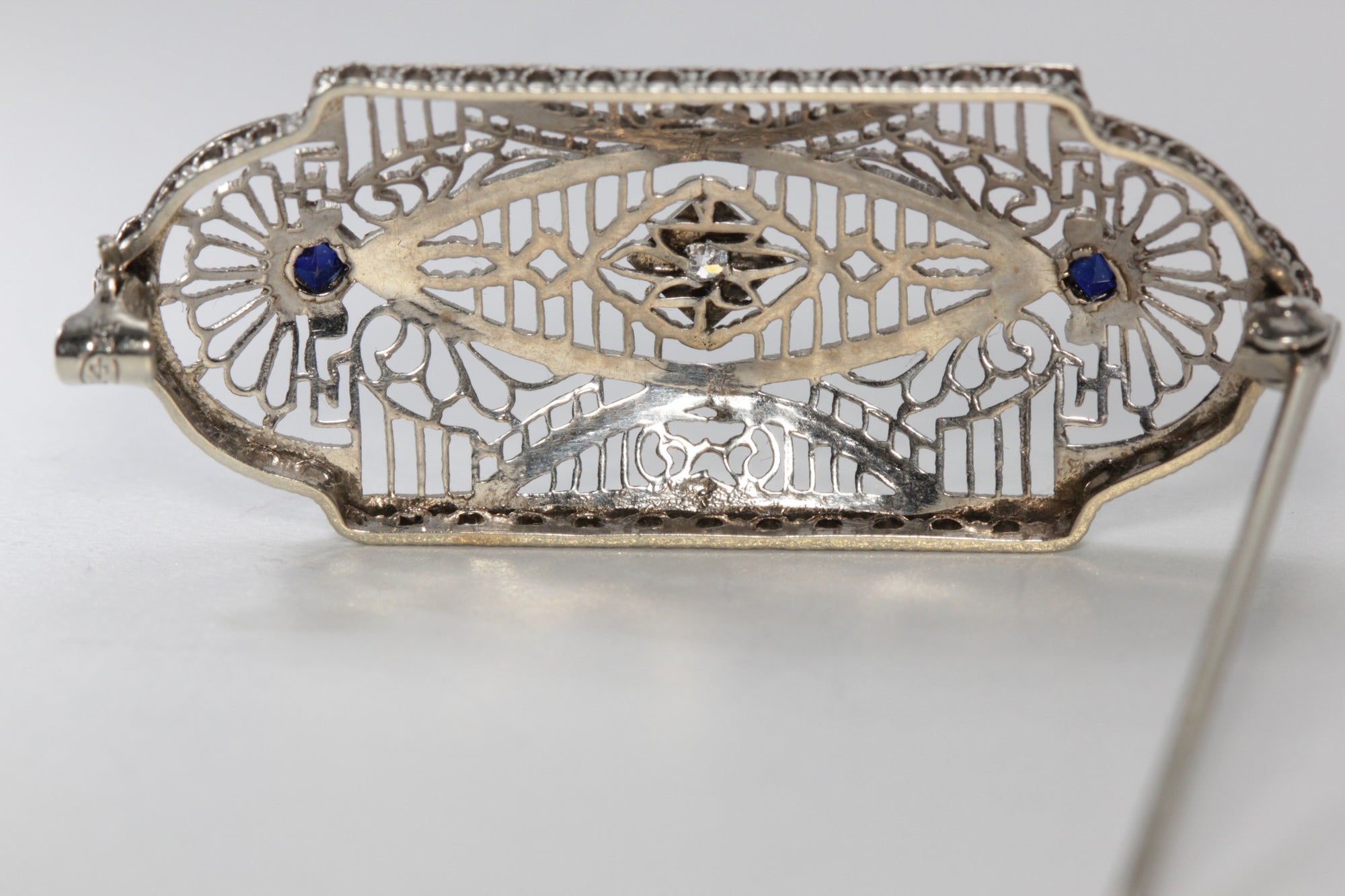 1920 ANTIQUE ART DECO 14k WHITE GOLD LADYS DIAMOND & SAPPHIRE PIN BROOCH