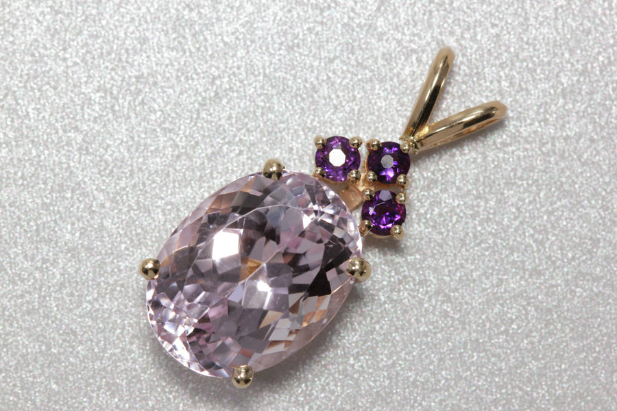 MODERN 14k YELLOW GOLD LADYS LARGE PENDANT 15CT KUNZITE & AMETHYST