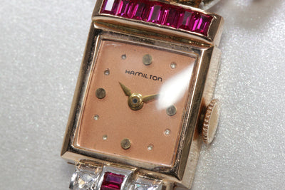 1940 ANTIQUE 14K PINK ROSE GOLD LADYS DIAMOND RUBY HAMILTON WATCH SWISS 17J 911