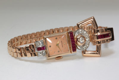 1940 ANTIQUE 14K PINK ROSE GOLD LADYS DIAMOND RUBY HAMILTON WATCH SWISS 17J 911