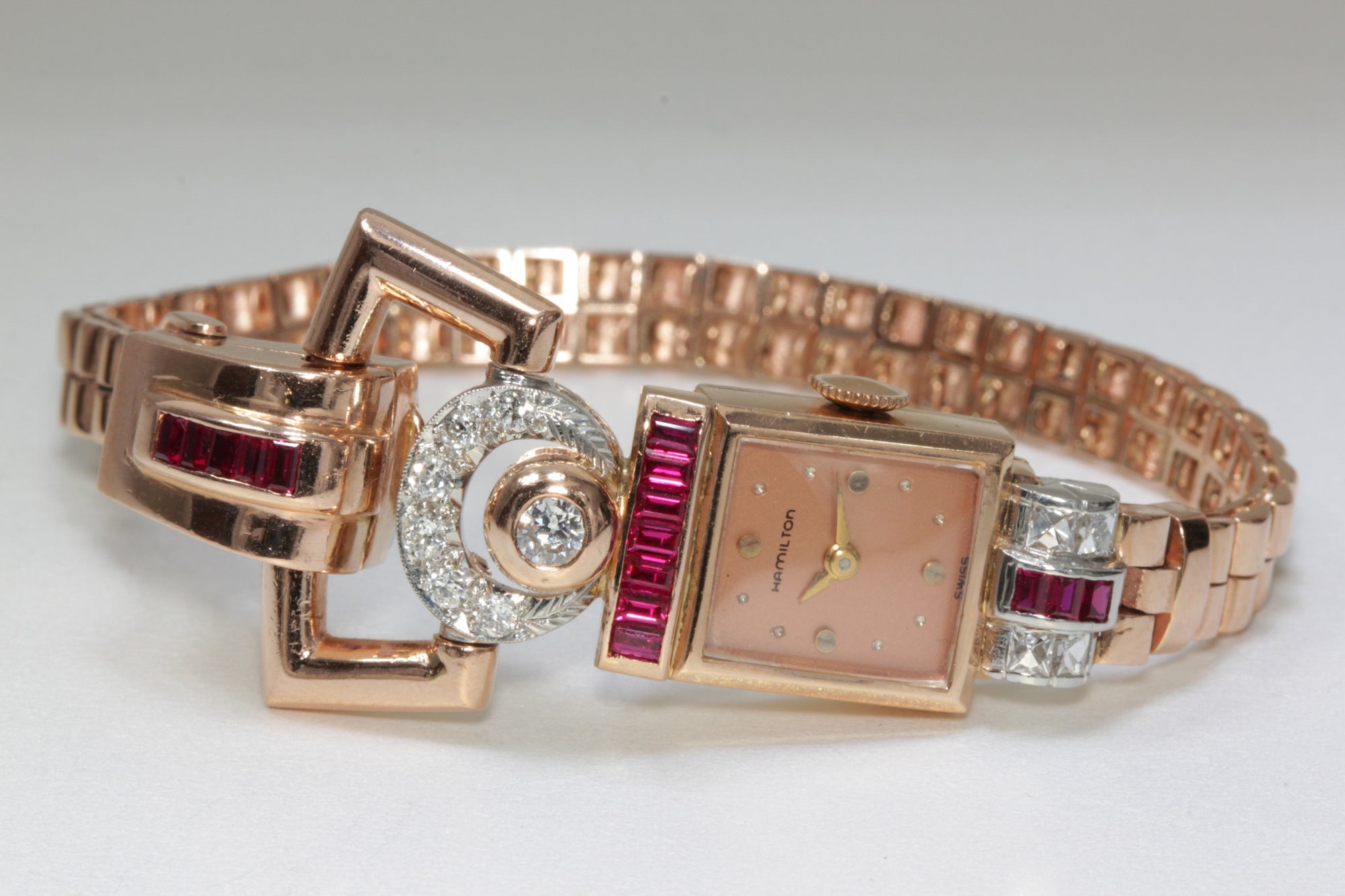 1940 ANTIQUE 14K PINK ROSE GOLD LADYS DIAMOND RUBY HAMILTON WATCH SWISS 17J 911