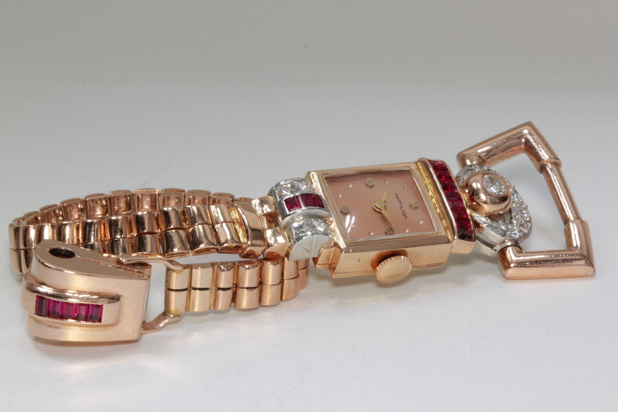 1940 ANTIQUE 14K PINK ROSE GOLD LADYS DIAMOND RUBY HAMILTON WATCH SWISS 17J 911