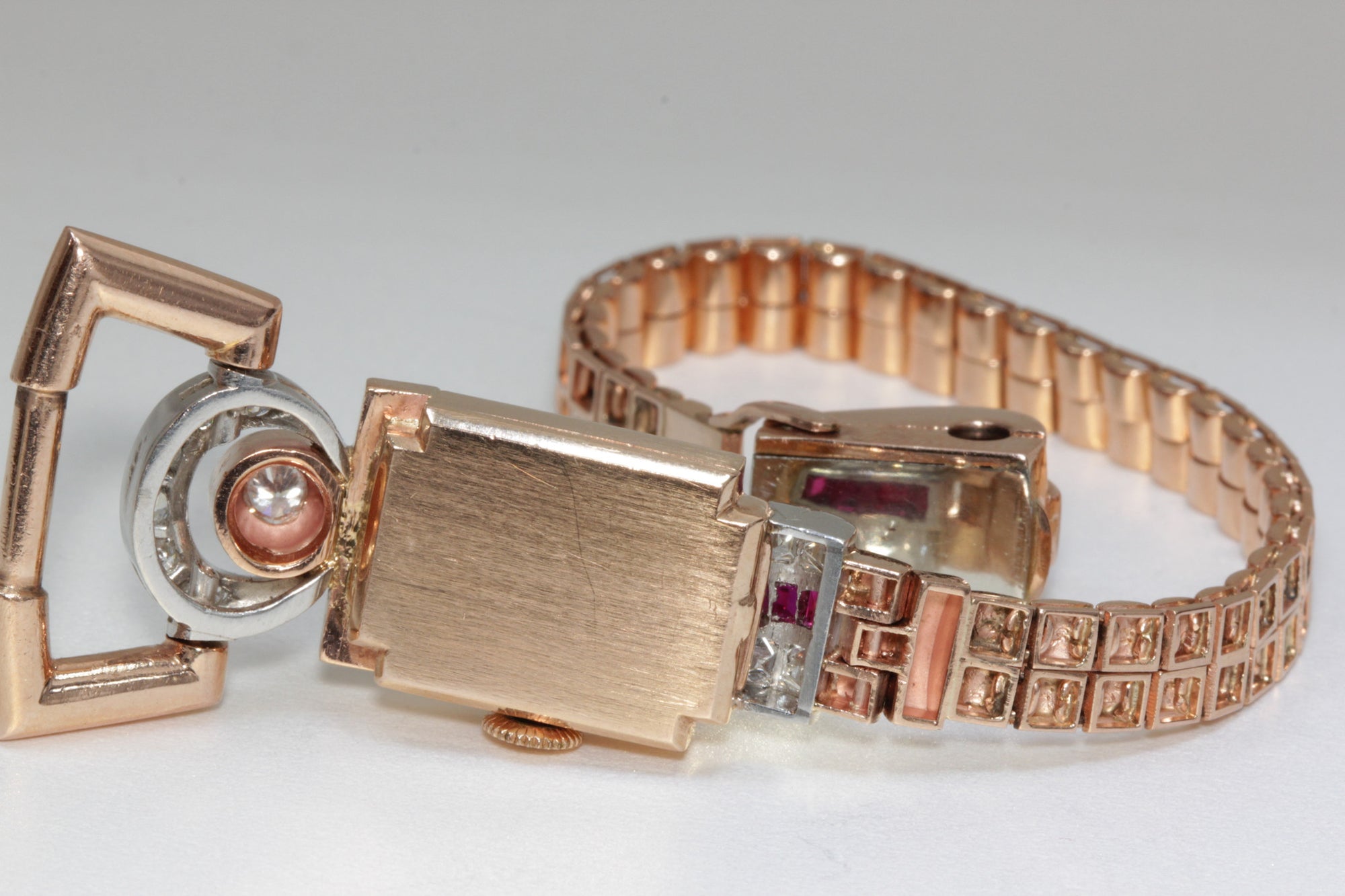 1940 ANTIQUE 14K PINK ROSE GOLD LADYS DIAMOND RUBY HAMILTON WATCH SWISS 17J 911