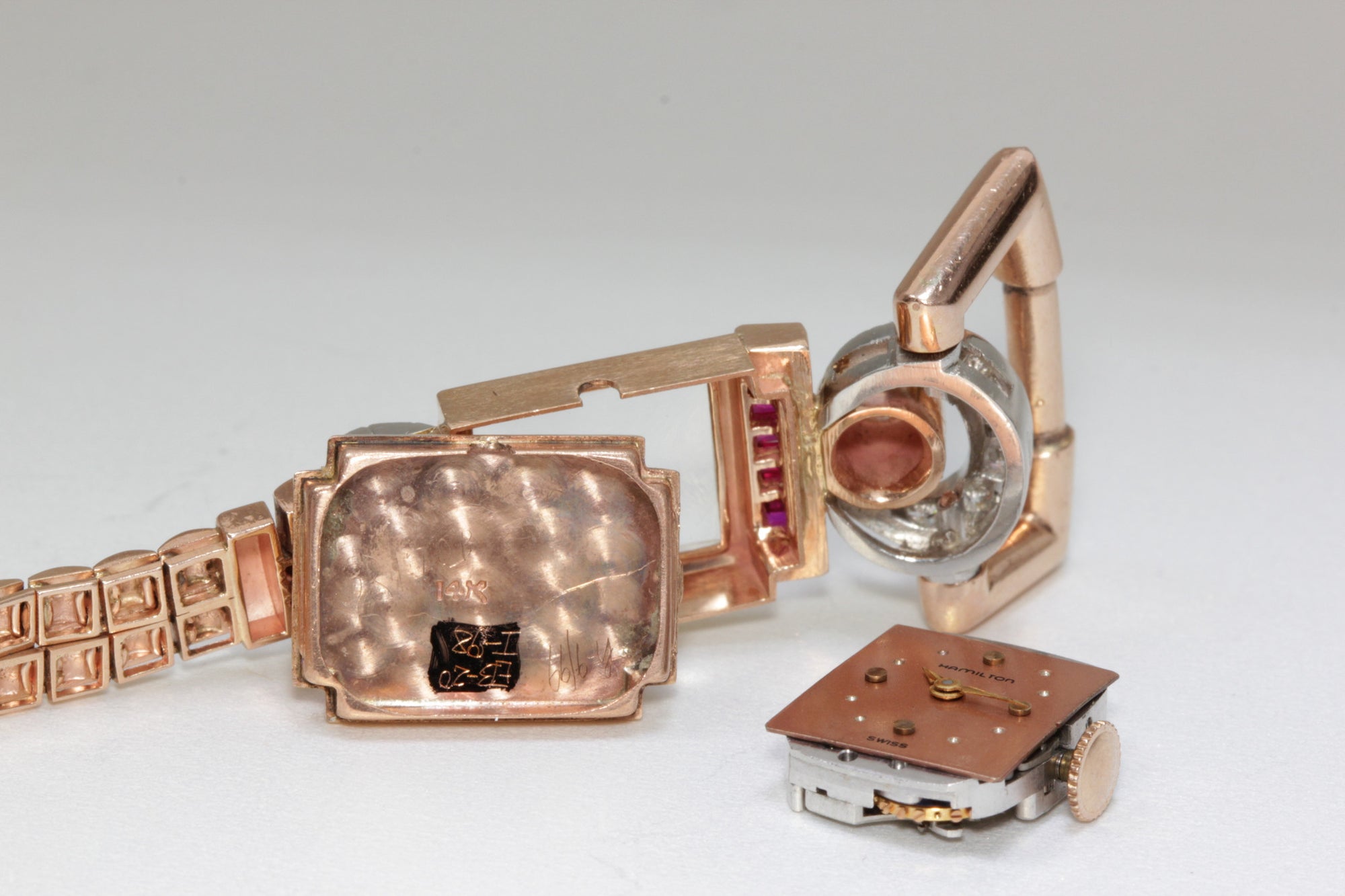 1940 ANTIQUE 14K PINK ROSE GOLD LADYS DIAMOND RUBY HAMILTON WATCH SWISS 17J 911
