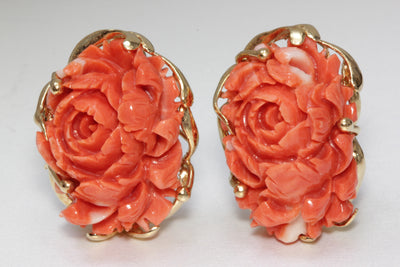 ANTIQUE 14K YELLOW GOLD CARVED PINK CORAL FLOWER LEAF CABOCHON EARRINGS