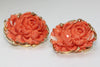 ANTIQUE 14K YELLOW GOLD CARVED PINK CORAL FLOWER LEAF CABOCHON EARRINGS