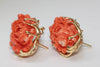 ANTIQUE 14K YELLOW GOLD CARVED PINK CORAL FLOWER LEAF CABOCHON EARRINGS