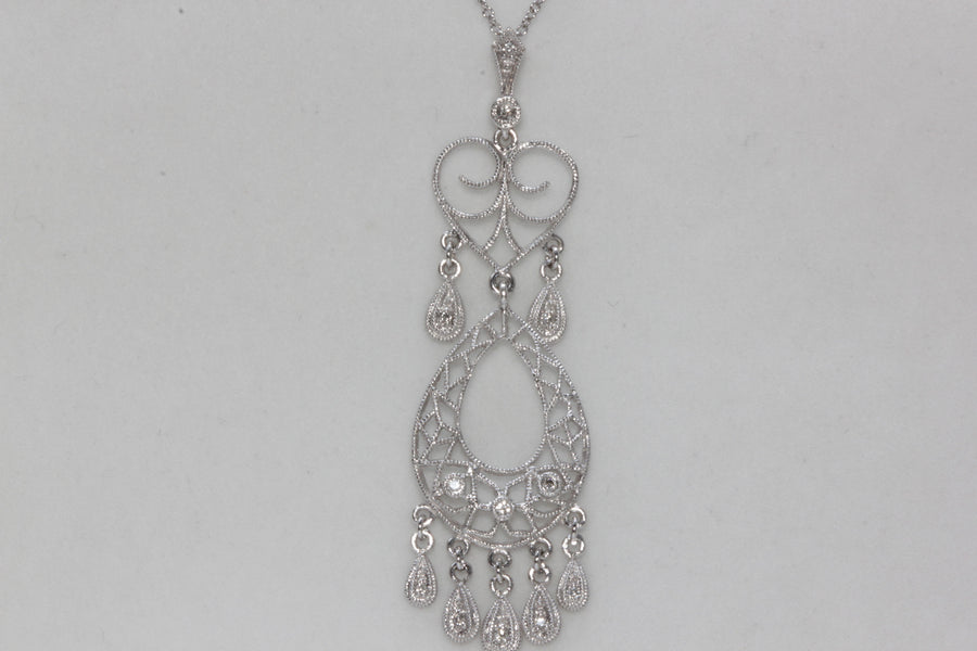 ANTIQUE 14K WHITE GOLD DIAMOND PENDANT FILIGREE CHANDLER 14K WHITE GOLD CHAIN