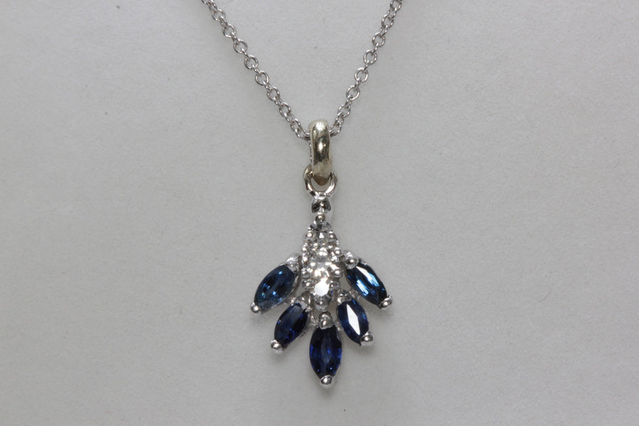 ESTATE 14K WHITE GOLD LADIES PENDANT & CHAIN BLUE SAPPHIRE & DIAMONDS