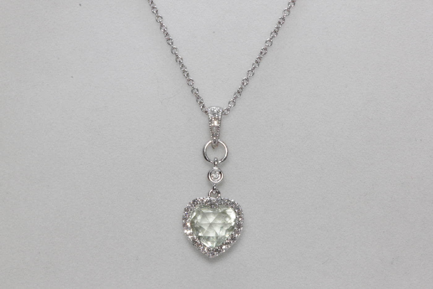 MODERN 14K WHITE GOLD LADIES PENDANT & CHAIN CHECKERBOARD GREEN AMETHYST & DIAMOND