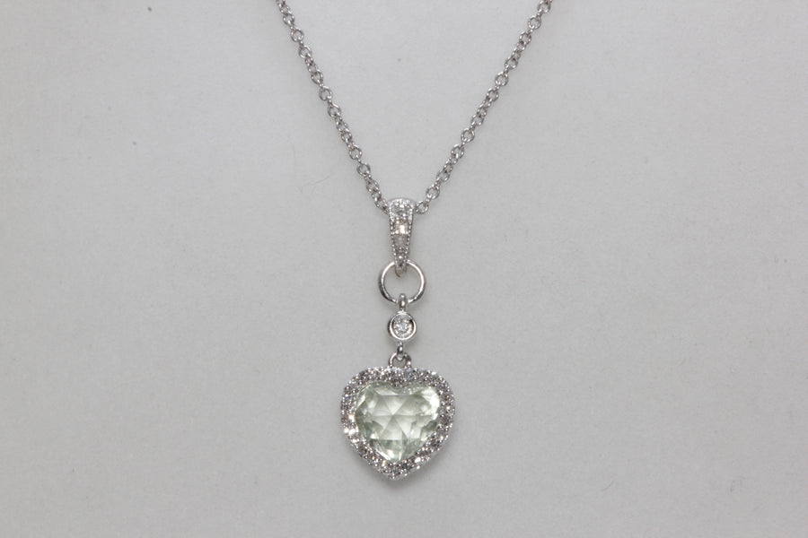 MODERN 14K WHITE GOLD LADIES PENDANT & CHAIN CHECKERBOARD GREEN AMETHYST & DIAMOND