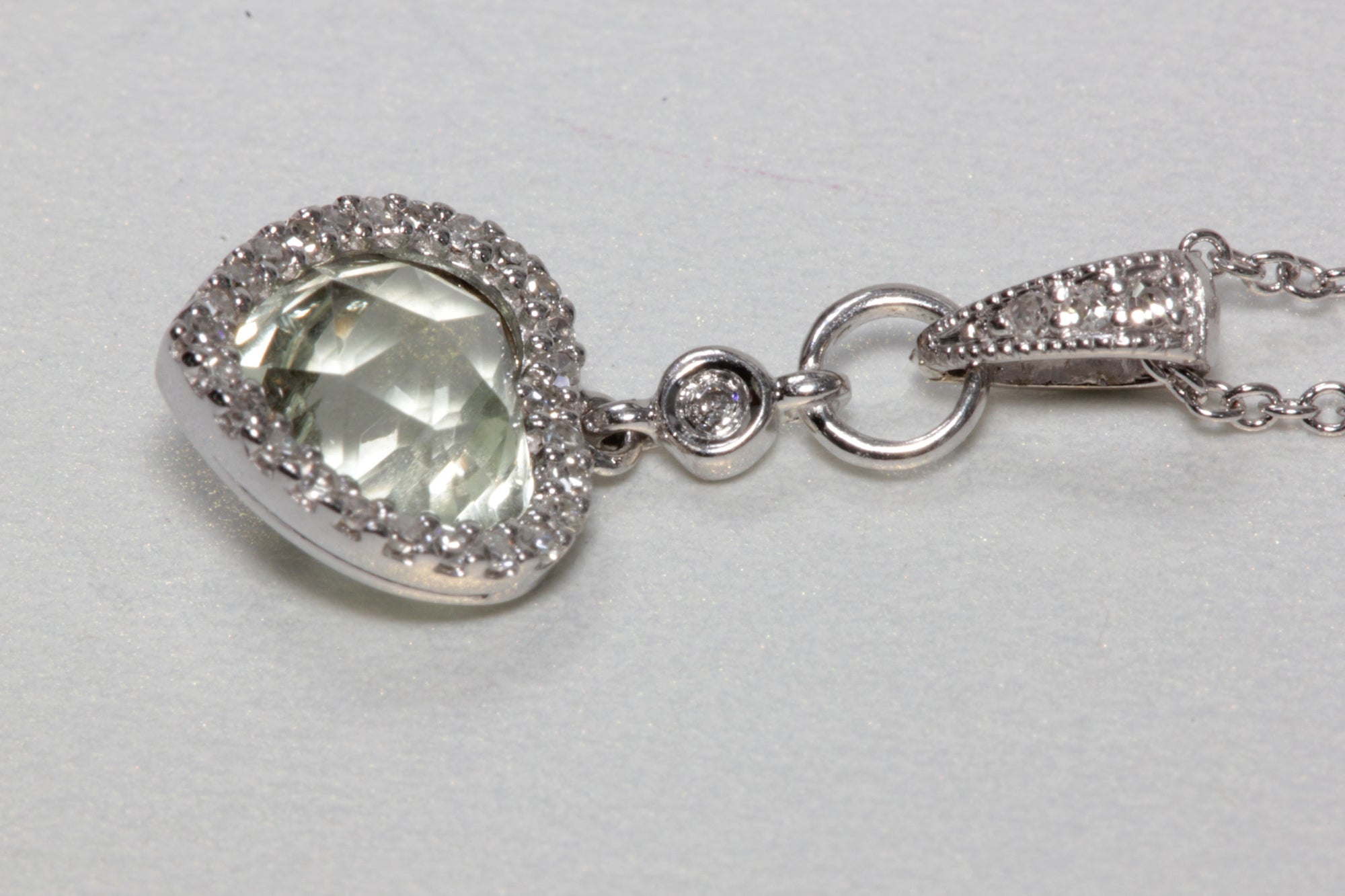 MODERN 14K WHITE GOLD LADIES PENDANT & CHAIN CHECKERBOARD GREEN AMETHYST & DIAMOND