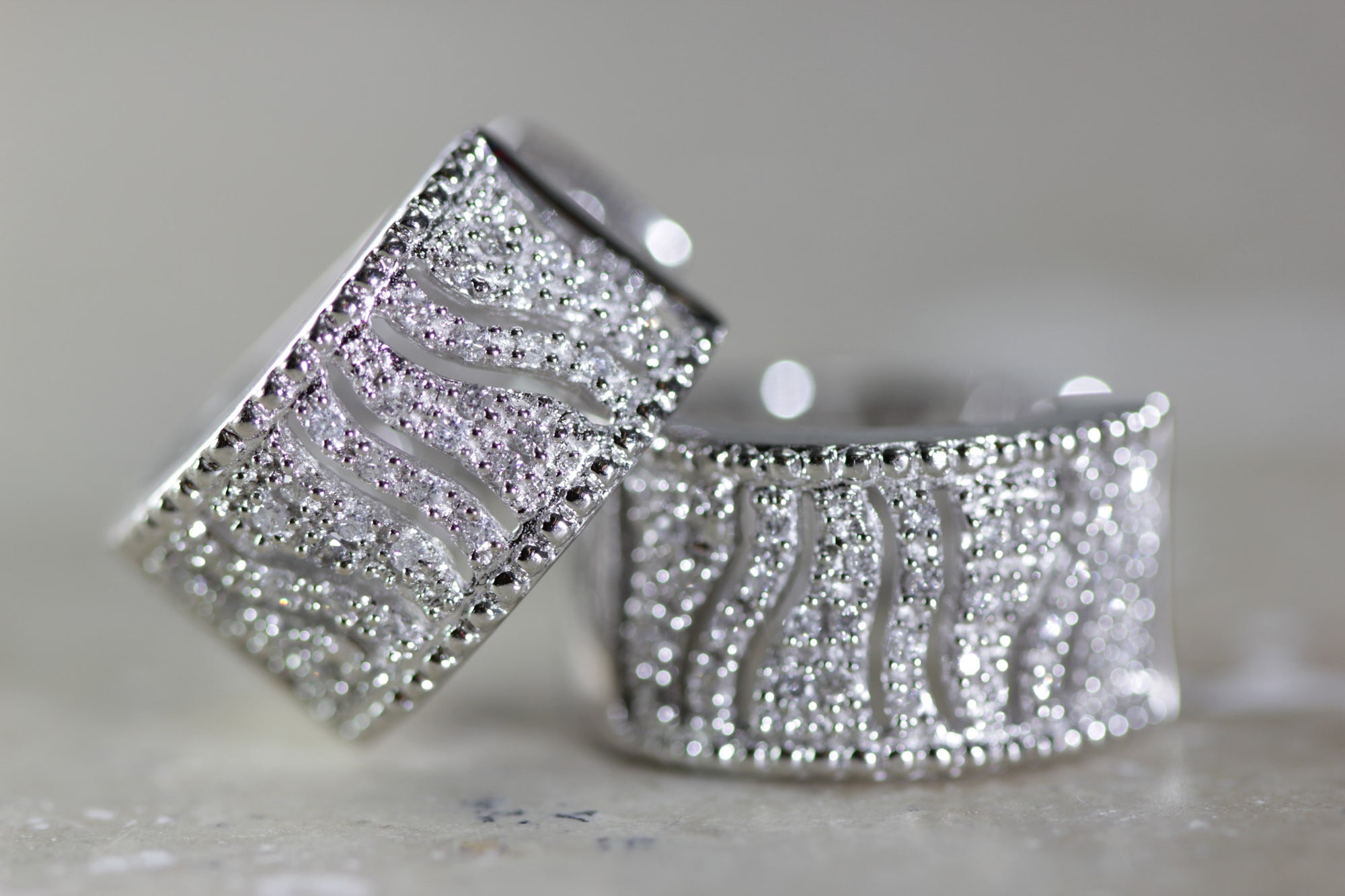 14k WHITE GOLD WIDE HUGGIE HOOPS EARRINGS DIAMONDS MICRO PAVE SETTING .65 CTW