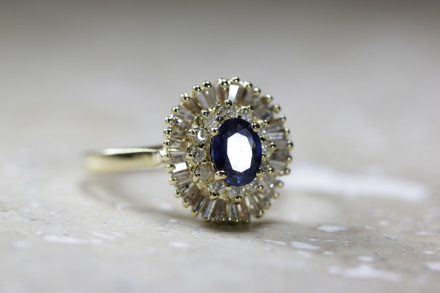 ESTATE VINTAGE DIAMOND OVAL SAPPHIRE RING BALLERINA SETTING 14K Y GOLD LADIES