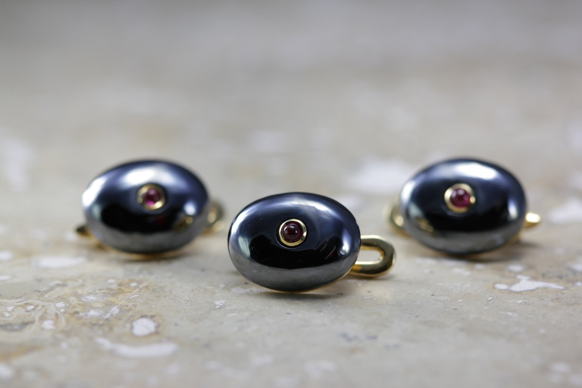 ANTIQUE TIFFANY & CO TUXEDO STUDS RUBY & HEMATITE MANS SET