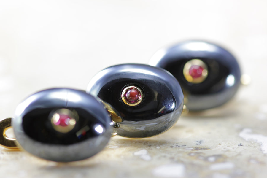 ANTIQUE TIFFANY & CO TUXEDO STUDS RUBY & HEMATITE MANS SET