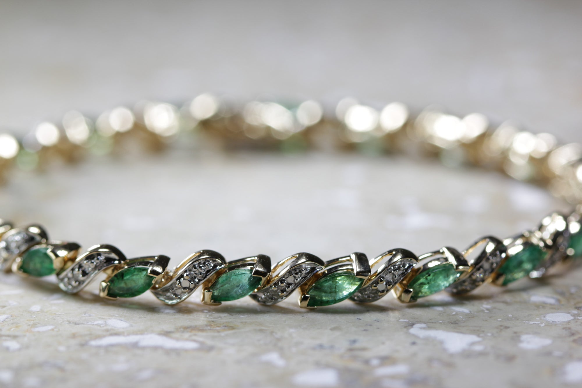 ANTIQUE DIAMOND & MARQUISE CUT EMERALD TENNIS BRACELET 14K YELLOW GOLD LADIES