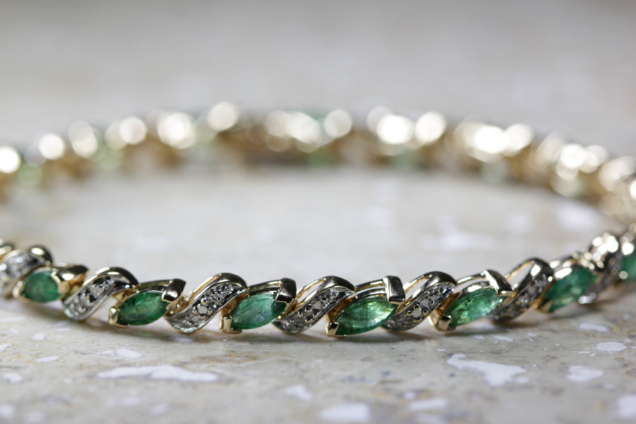 ANTIQUE DIAMOND & MARQUISE CUT EMERALD TENNIS BRACELET 14K YELLOW GOLD LADIES