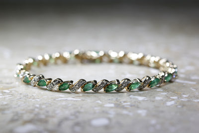 ANTIQUE DIAMOND & MARQUISE CUT EMERALD TENNIS BRACELET 14K YELLOW GOLD LADIES