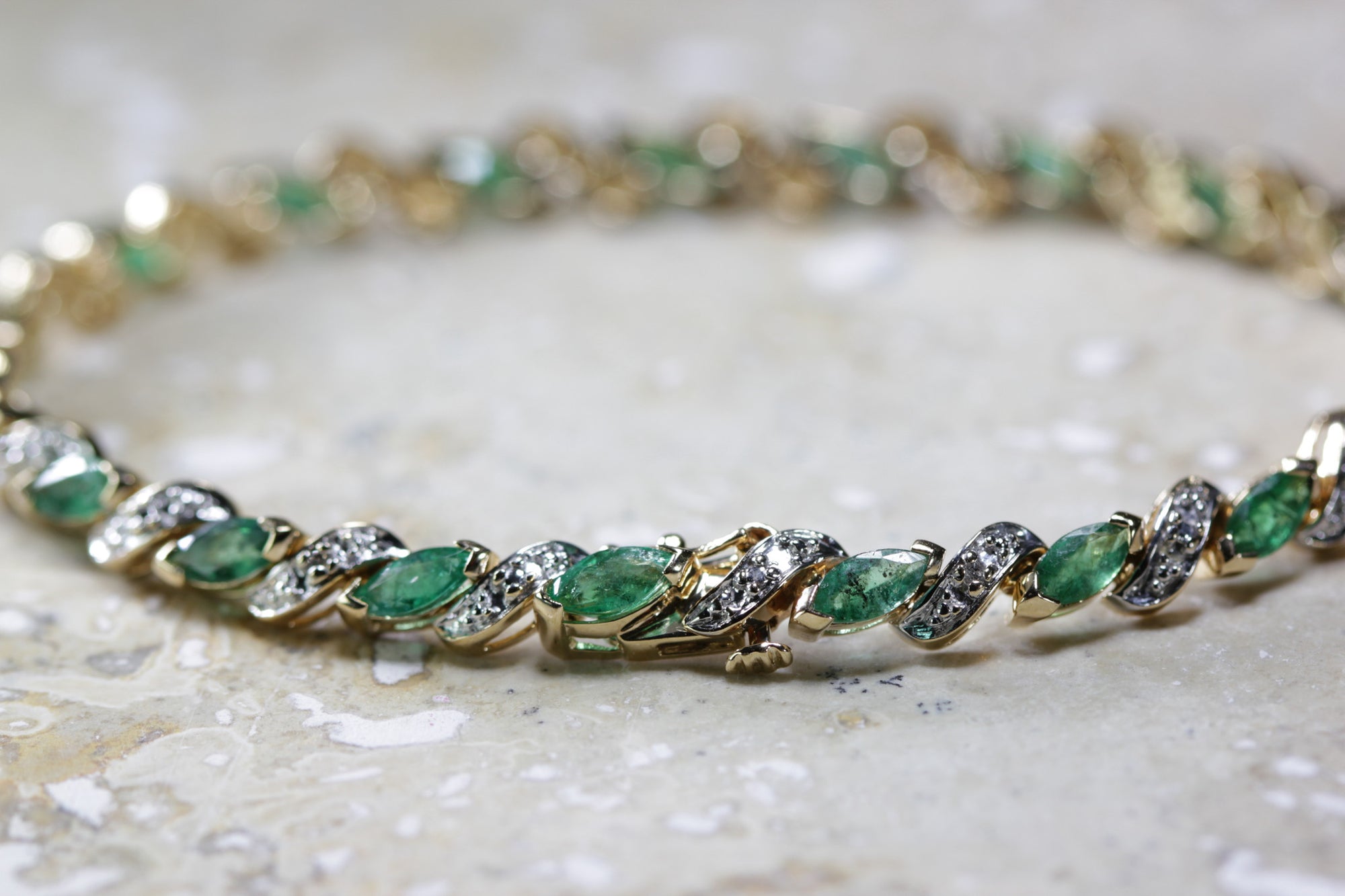 ANTIQUE DIAMOND & MARQUISE CUT EMERALD TENNIS BRACELET 14K YELLOW GOLD LADIES