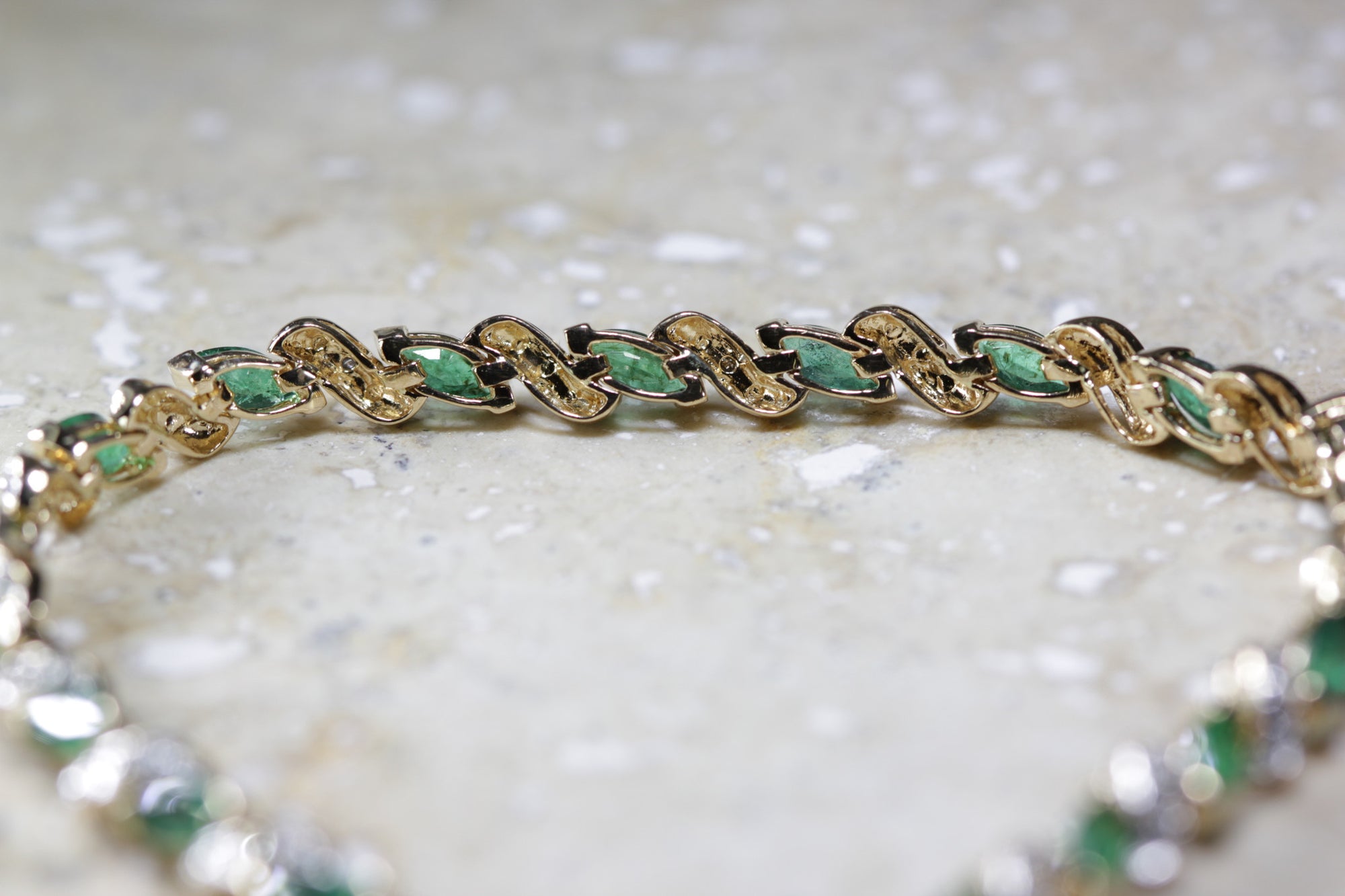 ANTIQUE DIAMOND & MARQUISE CUT EMERALD TENNIS BRACELET 14K YELLOW GOLD LADIES