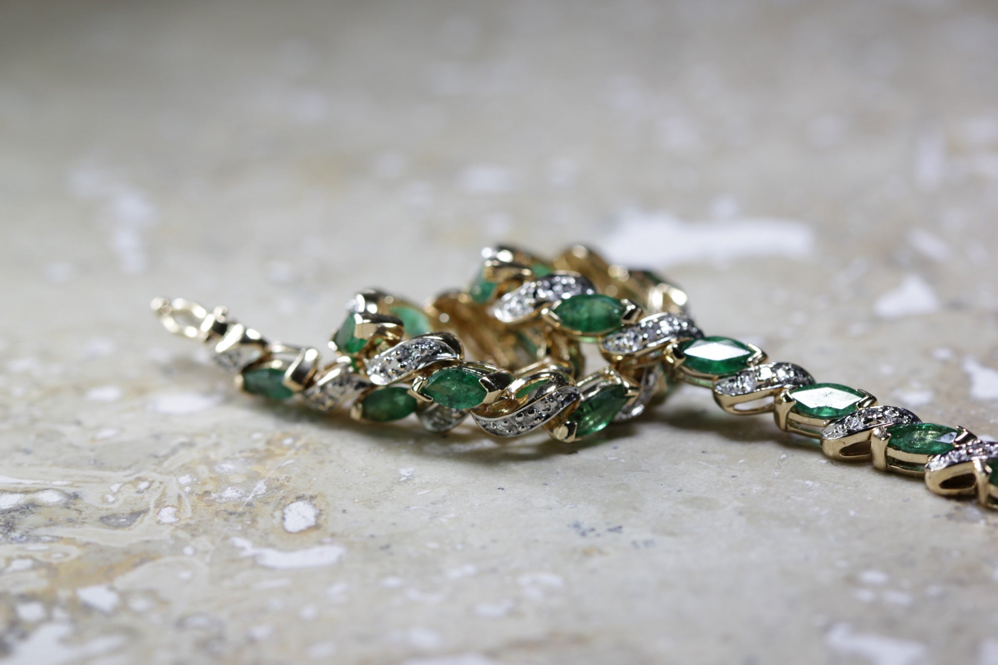 ANTIQUE DIAMOND & MARQUISE CUT EMERALD TENNIS BRACELET 14K YELLOW GOLD LADIES