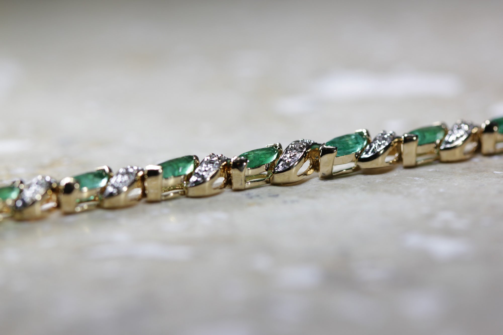 ANTIQUE DIAMOND & MARQUISE CUT EMERALD TENNIS BRACELET 14K YELLOW GOLD LADIES