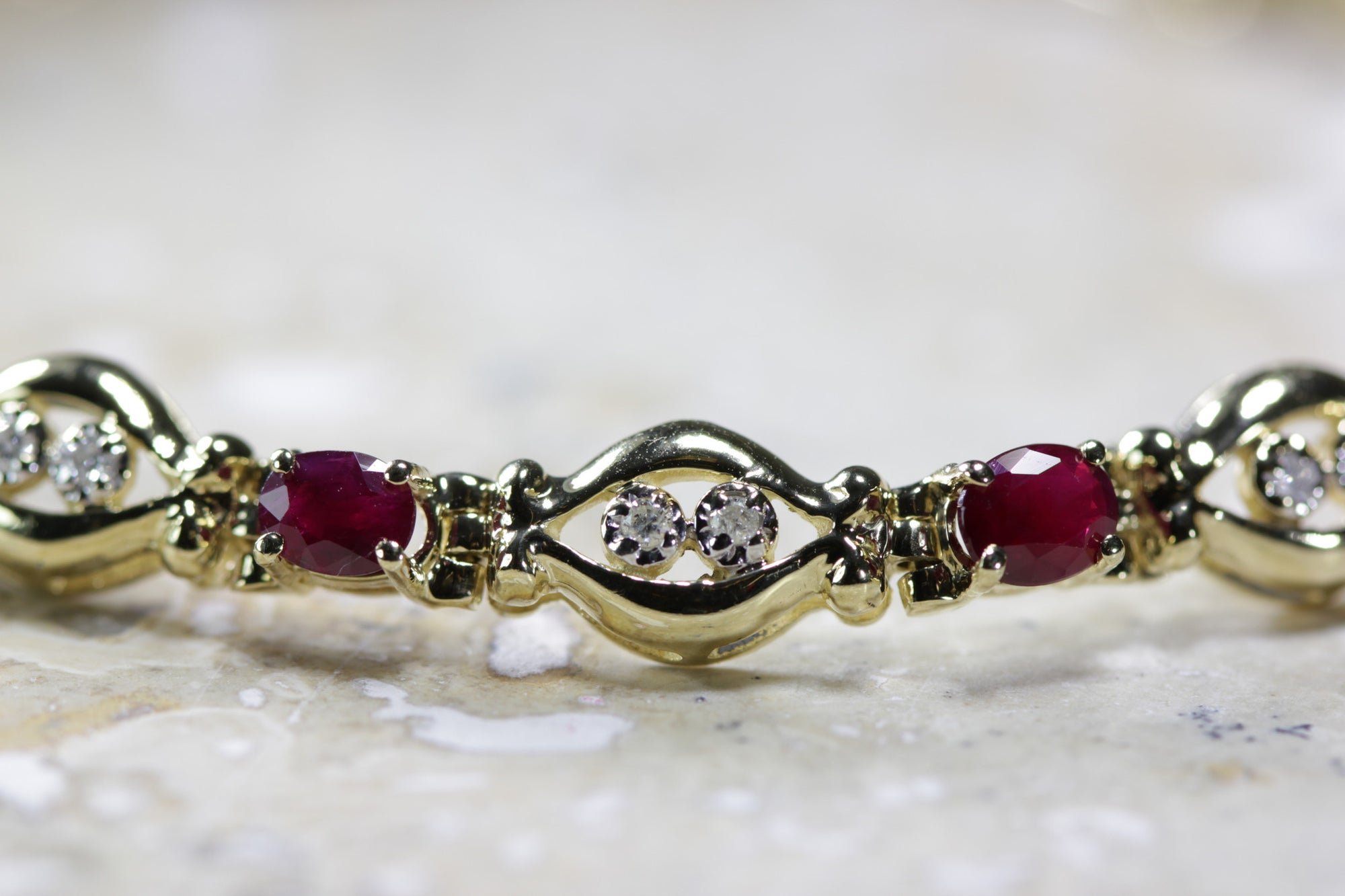 ESTATE DIAMOND & OVAL CUT RUBY TENNIS BRACELET 14K YELLOW GOLD LADIES