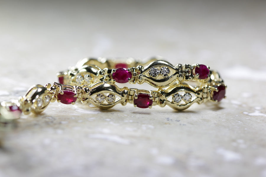 ESTATE DIAMOND & OVAL CUT RUBY TENNIS BRACELET 14K YELLOW GOLD LADIES