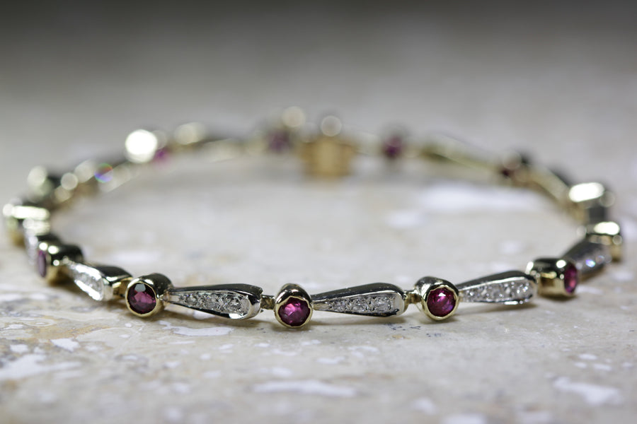 ANTIQUE DIAMOND & ROUND CUT RUBY TENNIS BRACELET 14K YELLOW GOLD LADIES