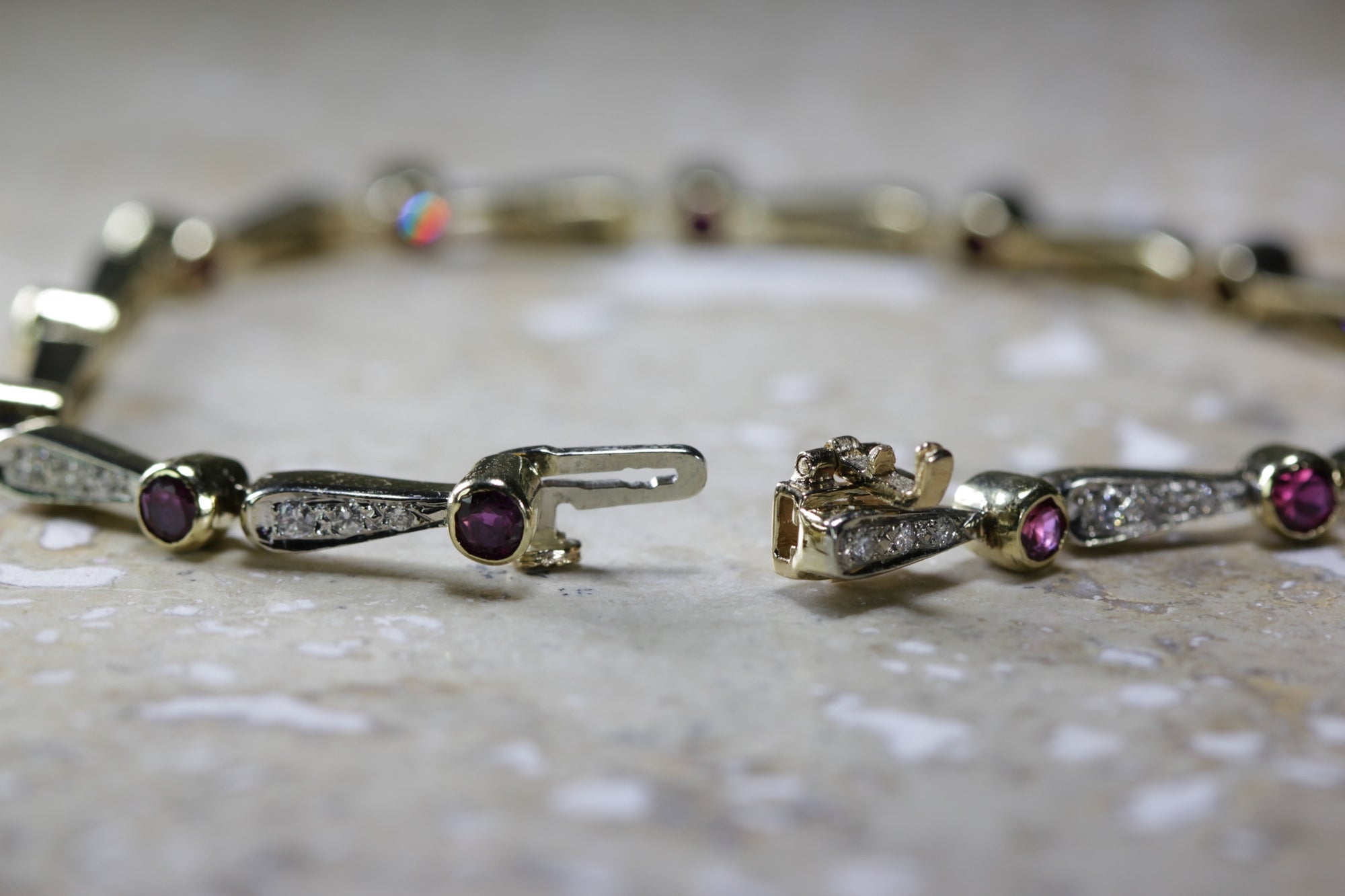 ANTIQUE DIAMOND & ROUND CUT RUBY TENNIS BRACELET 14K YELLOW GOLD LADIES