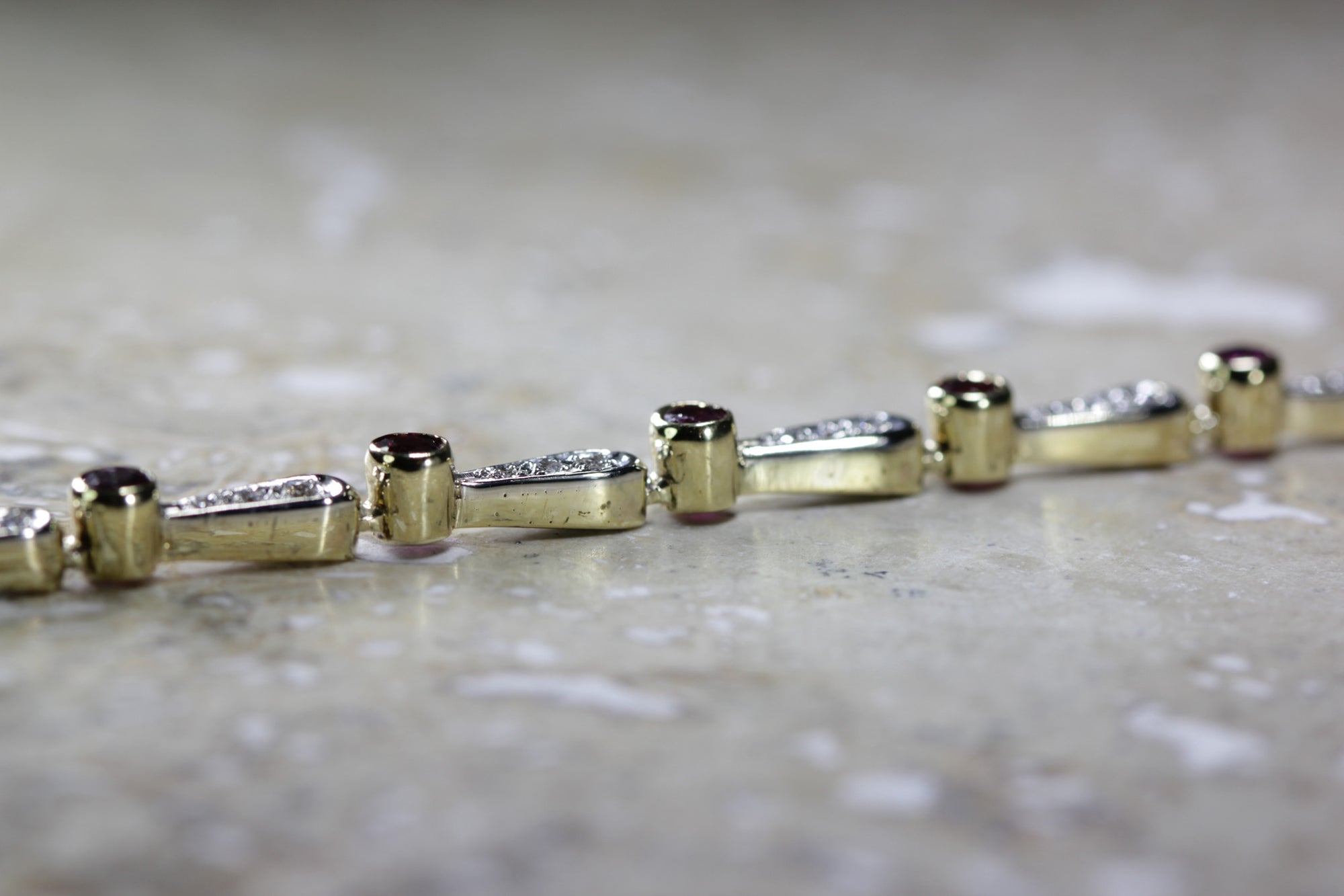 ANTIQUE DIAMOND & ROUND CUT RUBY TENNIS BRACELET 14K YELLOW GOLD LADIES