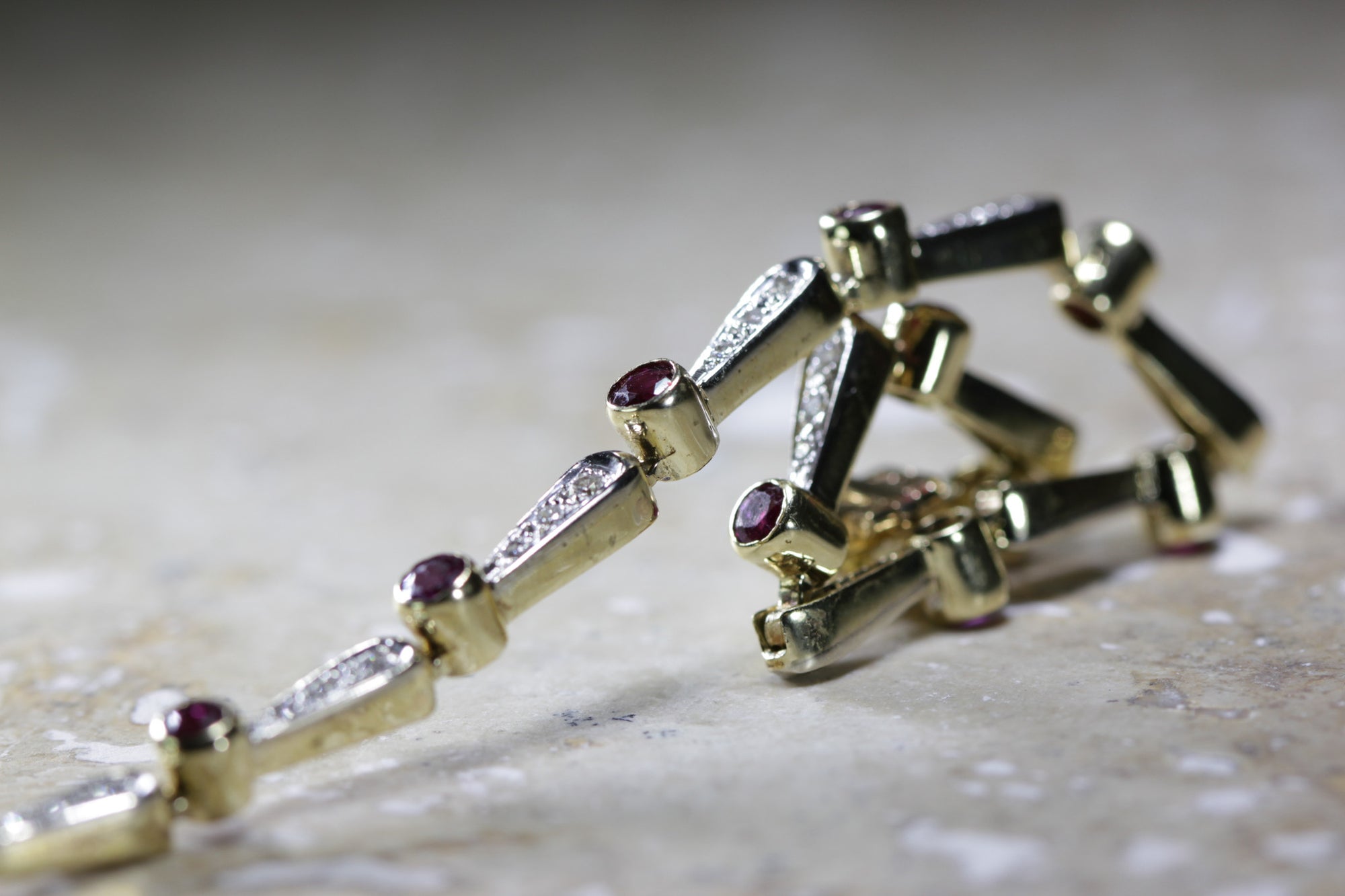 ANTIQUE DIAMOND & ROUND CUT RUBY TENNIS BRACELET 14K YELLOW GOLD LADIES