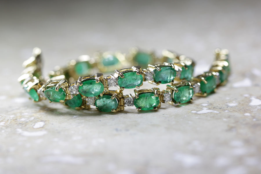 MODERN DIAMOND & OVAL CUT EMERALD TENNIS BRACELET 14K YELLOW GOLD LADIES 12.50C