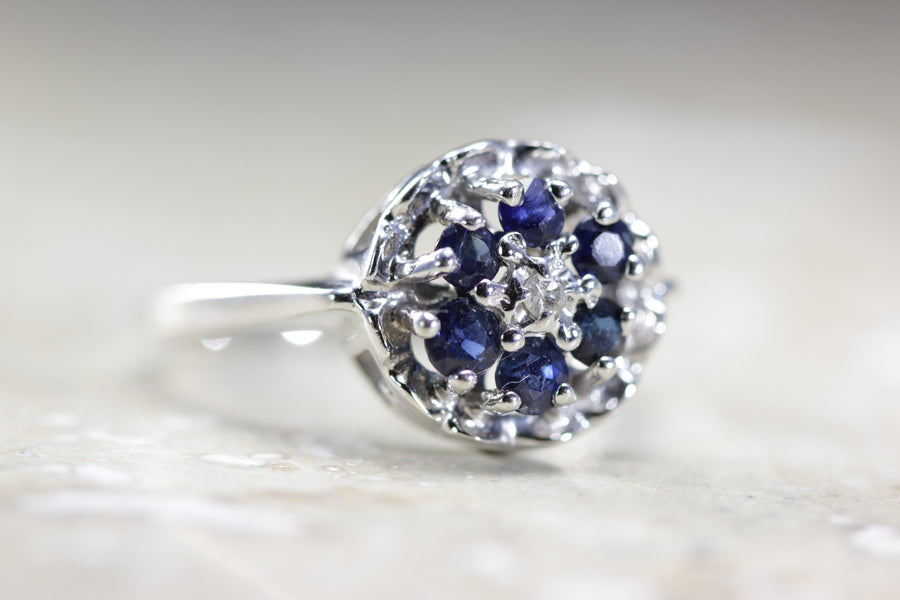 ANTIQUE 14K WHITE GOLD SAPPHIRE CLUSTER FLOWER SETTING & DIAMOND RING .50CT