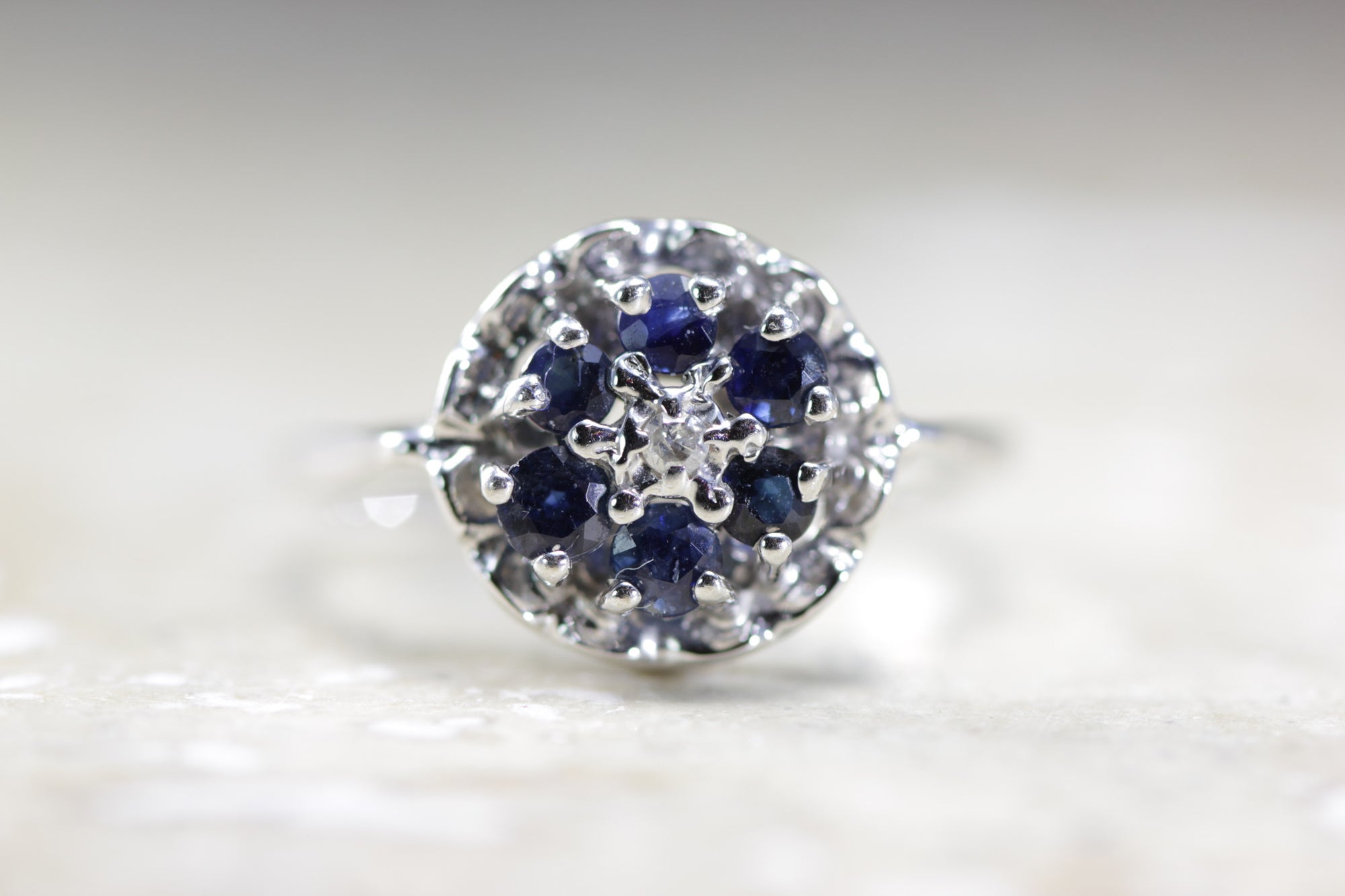 ANTIQUE 14K WHITE GOLD SAPPHIRE CLUSTER FLOWER SETTING & DIAMOND RING .50CT