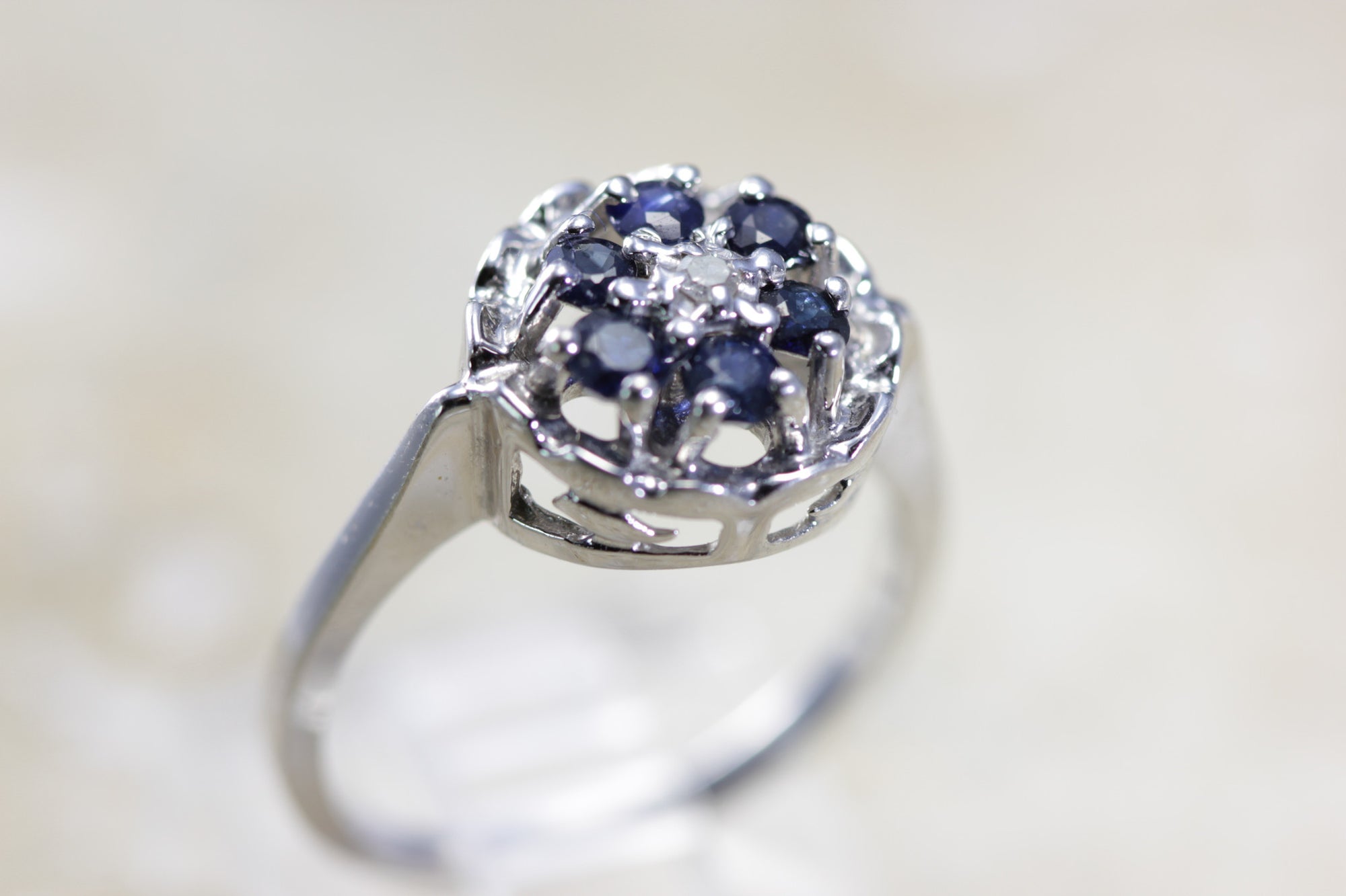 ANTIQUE 14K WHITE GOLD SAPPHIRE CLUSTER FLOWER SETTING & DIAMOND RING .50CT