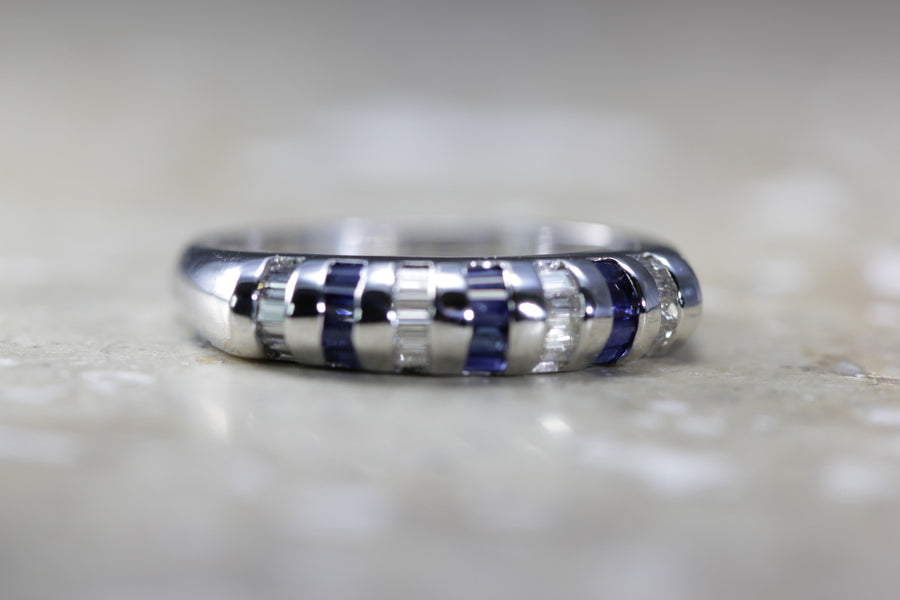 MODERN 14k WHITE GOLD BAGUETTE SAPPHIRE & DIAMOND SOLID BAND RING 1.65 CTW